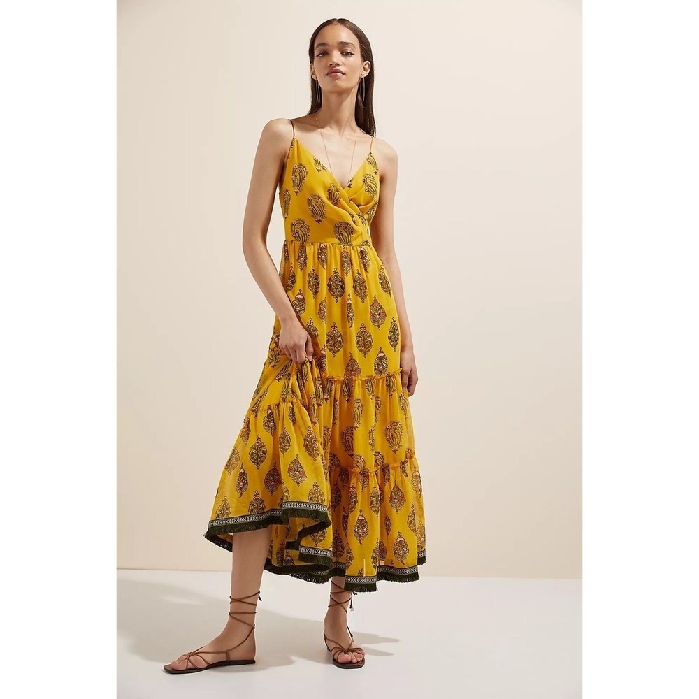 Sachin & Babi x Anthropologie Yellow Paisley Tiered Fringe Maxi Dress 16W